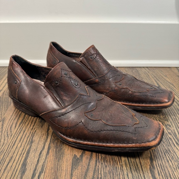 Men Lounge by Mark Nason Brown Leather Etched Loafers Size 12 - Picture 1 of 8